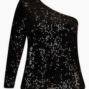 City Chic Black Sequin One-Shoulder Top DISCO FEVER